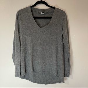 Gray Roxy Long Sleeve V Neck Top with Blue Detail